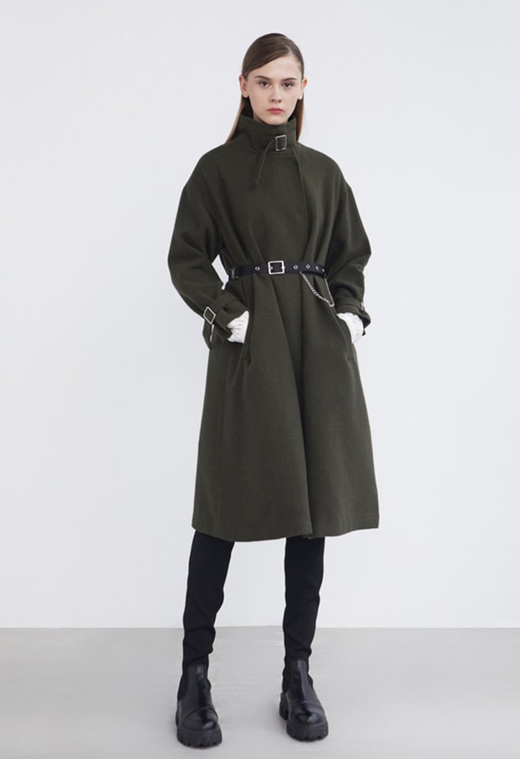 SDEER Stand-up Collar Waist H-shaped Woolen Long Coat