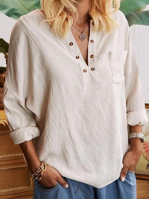 Casual solid color long-sleeved shirt top-Mayoulove