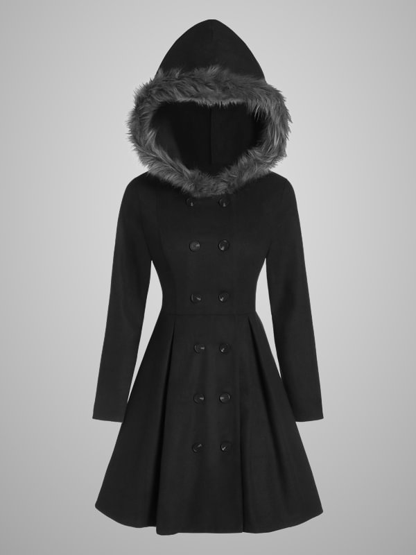 Gothic Dark Statement Buttoned Fur Paneled Tight Waist Skater Pattern Long Sleeve Coat