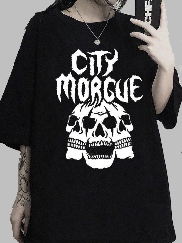 Gothic Style Skull Fire Printed Crew Collar T-shirt
