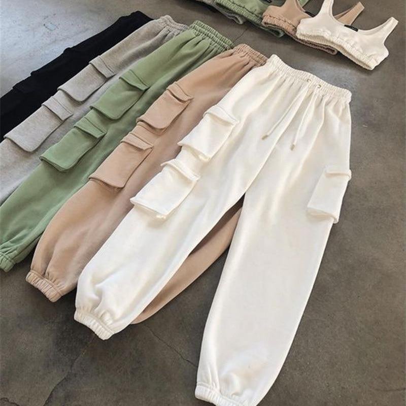 Spring Autumn Vintage Patchwork Joggers Sweatpants Harajuku Woman Trousers Elastics High Waist Solid Pants 5 Colors P15449