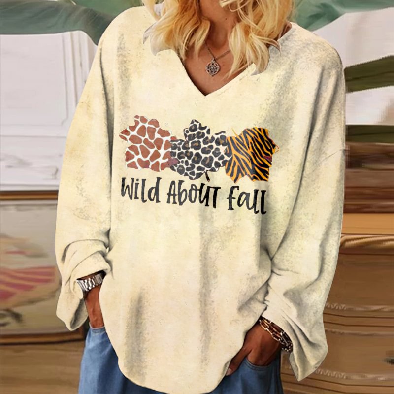Wild About Fall Print V-neck Long Sleeve T-shirt
