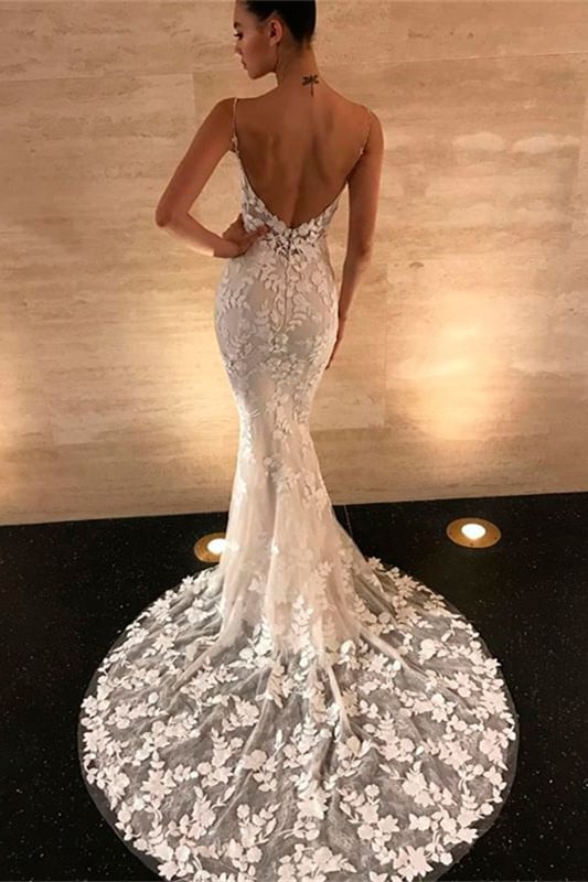 Luluslly Spaghetti-Straps Open Back Long Mermaid Wedding Dress Lace Appliques