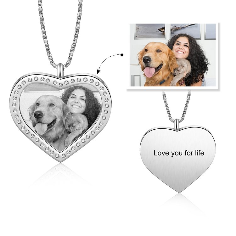 Personalized Picture Engraved Necklace, Rhinestone Crystal Love Heart Shape Picture Necklace, Custom Necklace with Picture and Text