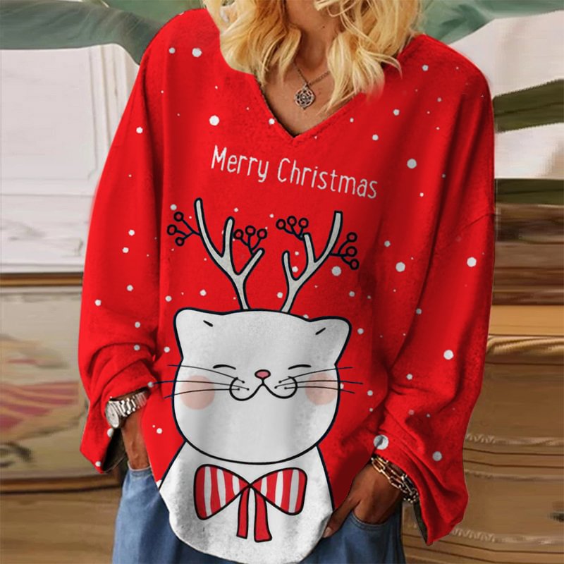 Merry Christmas Horned Kitten Print Long Sleeve T-shirt
