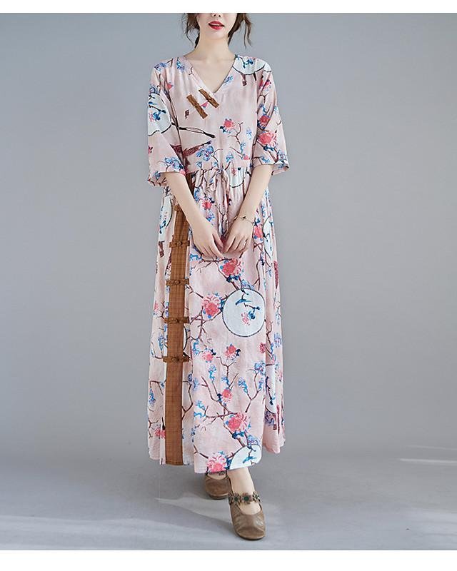Women's Swing Dress Maxi long Dress 3/4 Length Sleeve Floral Spring Summer Casual Blushing Pink Light Blue M L XL XXL-Corachic