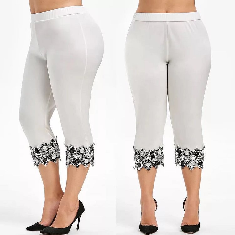 Women's High Waist High Elastic Pasted Two-color Lace Leggings Capris