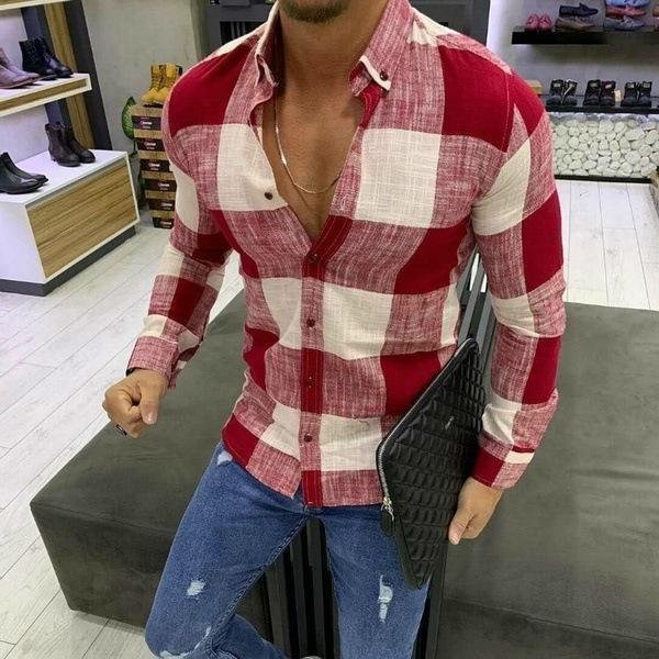 BrosWear Men Plaids Long Sleeve Casual Shirt red