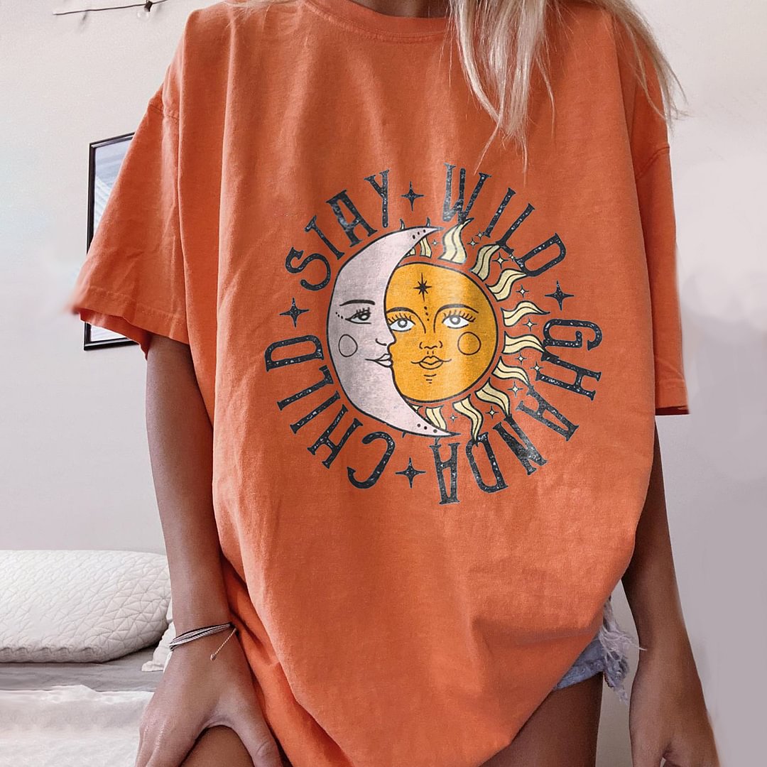   Moon sun letter printing casual T-shirt designer - Neojana