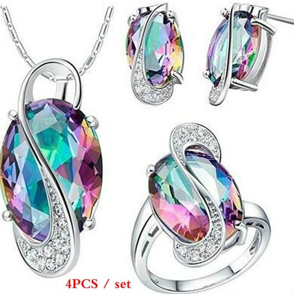 4 Pieces / Set of Fashion Classic Ladies 14K White Gold Colorful Topaz Wedding Jewelry Set Earrings + Pendant Necklace + Ring Bride Engagement Accessories Ring Size: 6-10