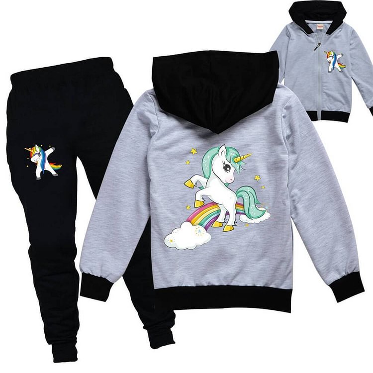 Unicorn On Rainbow Print Girls Boys Cotton Jacket And Joggers Outfit-Mayoulove