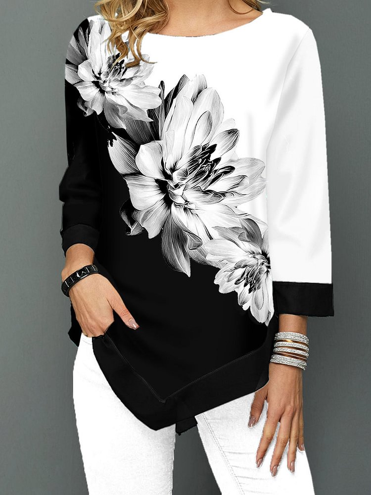 Women Asymmetric Hem Three Quarter Sleeve Flower Print T Shirt