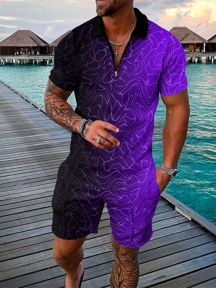 Men's Vacation Gradient Printing Polo Suit