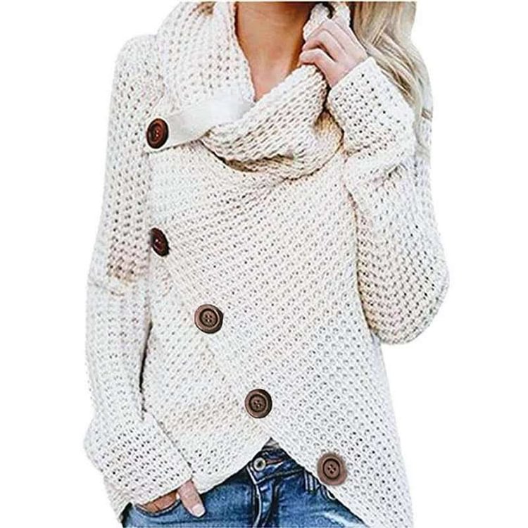 Mayoulove Women's Knit Sweater Long Sleeve Wrap Button Hem Cowl Neck Sweater-Mayoulove
