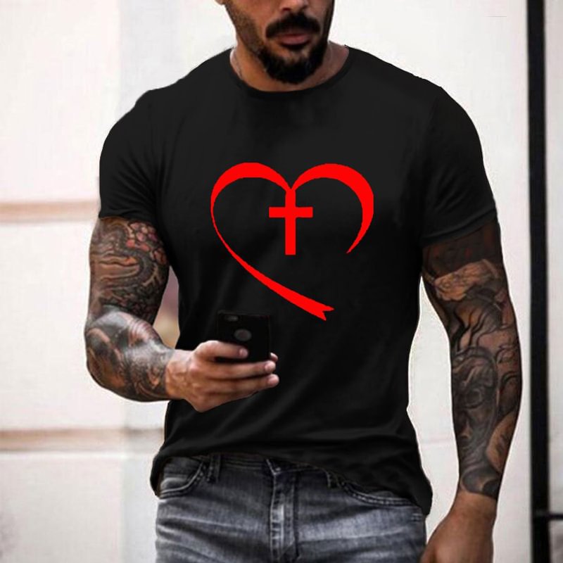 Heart Cross Printed Streetwear Tops Summer Short Sleeve Men's T-Shirts Black-VESSFUL