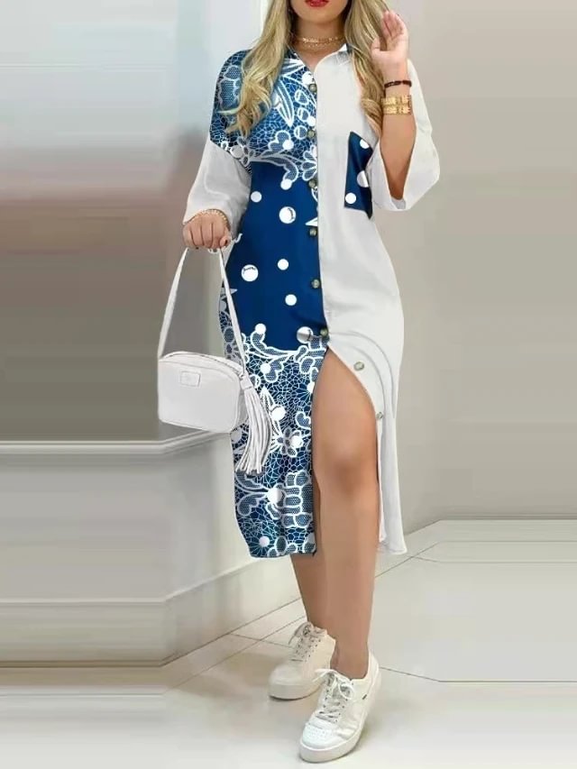 New printed button pocket long sleeve shirt dress long skirt-Corachic