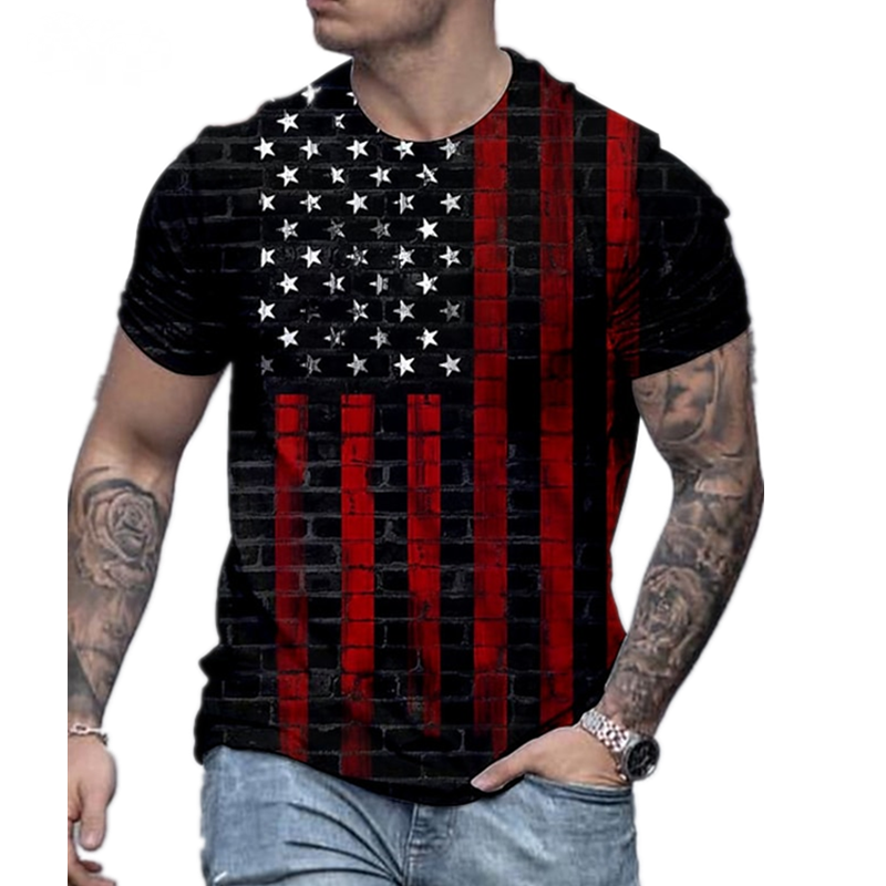 American Flag Print Casual Summer Short Sleeve Men's T-Shirts-VESSFUL