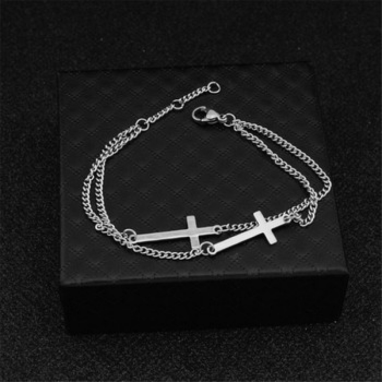 3MM Silver Two Lines Cross Charm Link Bracelet Gift