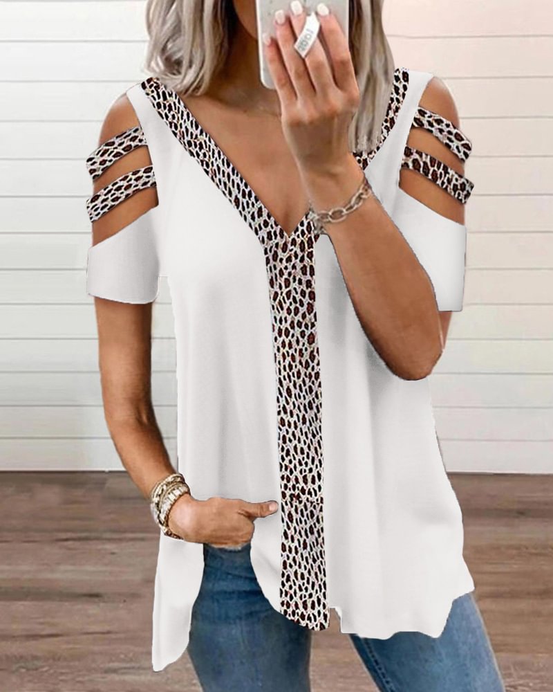 women's leopard print stitching contrast top T-shirt top