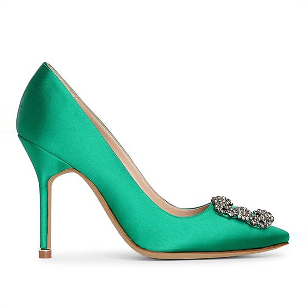 100mm Women's Slik Shoes Diamond Party Wedding Green Pumps-vocosishoes