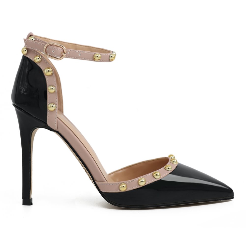 100mm Womens Pointed Toe Pumps Golden Round Rivets Ankle Strap Black Sandals-vocosishoes
