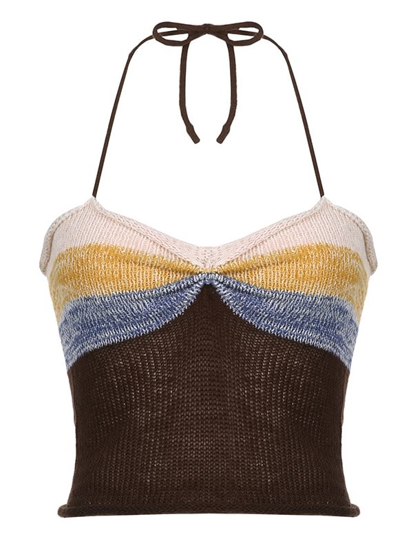 Hot Trendy Stripes Color Block Halter Knitted Crop Top