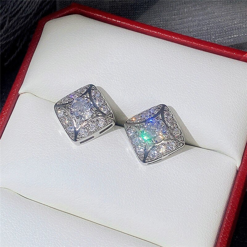 Iced Out Square Shaped Silver Stud Earrings for Women Luxury Jewelry-VESSFUL