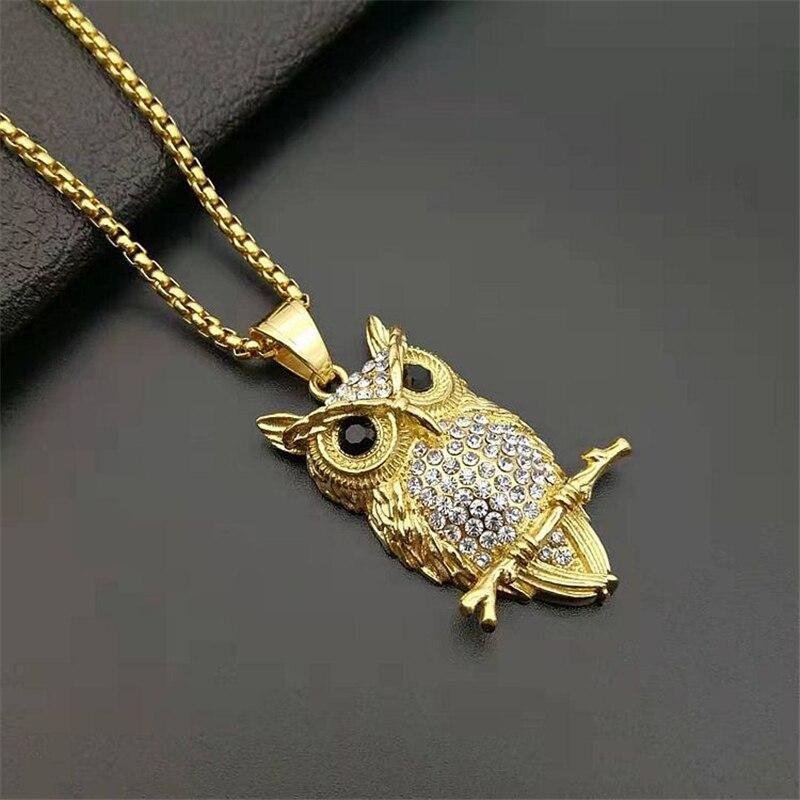Ice Out Owl Charms Black Crystal Eyes Pendant Necklace-VESSFUL