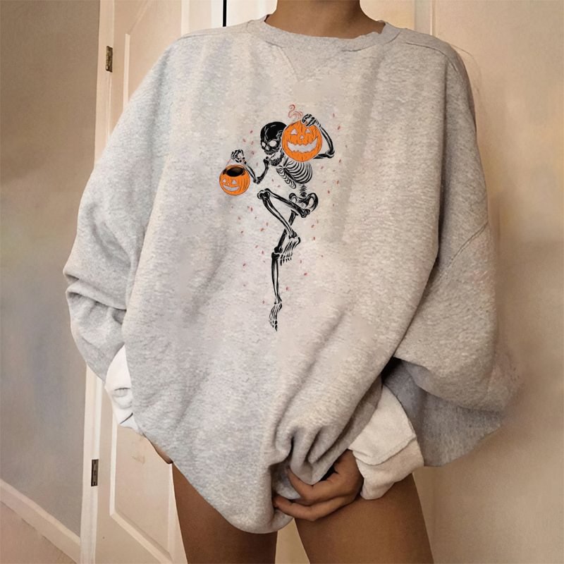 Evil skeleton print pumpkin designer loose sweatshirt - Neojana