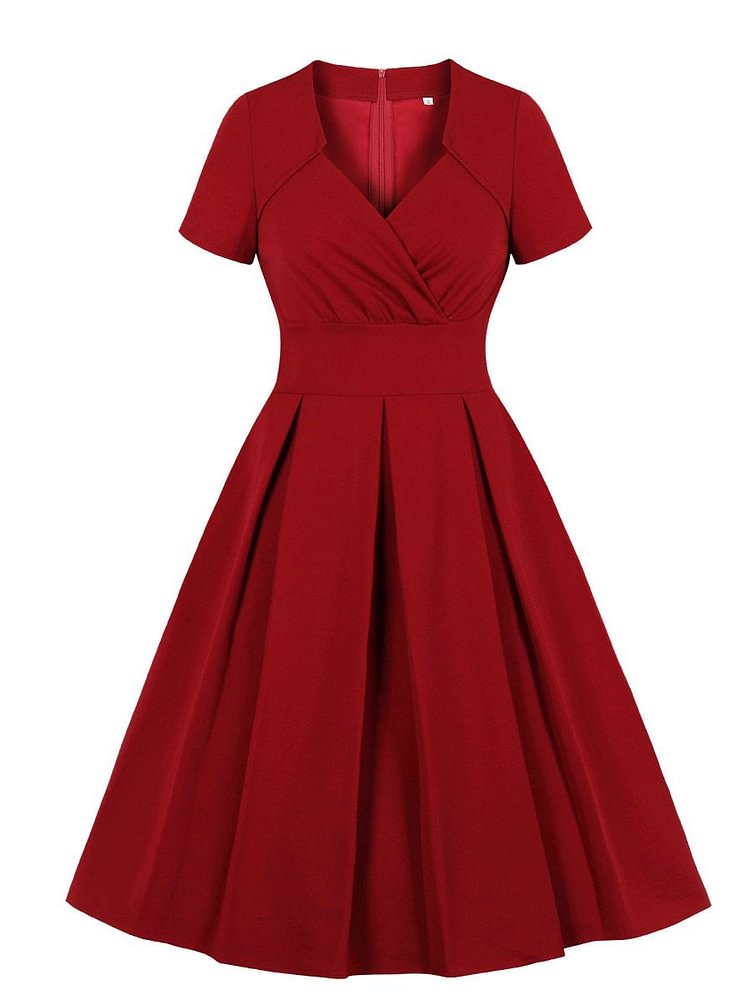 Mayoulove Red Dresses for Women's V-Neck Ruffled Tie Waist Vintage Swing Dresses-Mayoulove