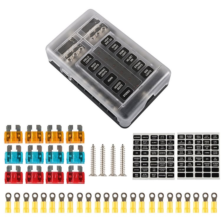 12 Way Fuse Block Box Holder with Negative Bus + 5A 10A 15A Blade Fuses 32V