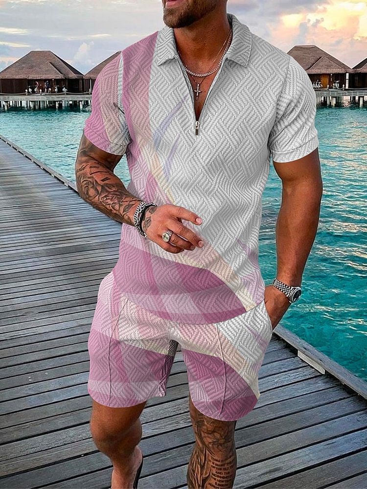 Men's Seaside Pink Printing Polo Suit