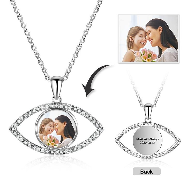 Evil Eye Picture Necklace Pendant With Engraving Gift For Her, Custom Necklace with Picture and Text