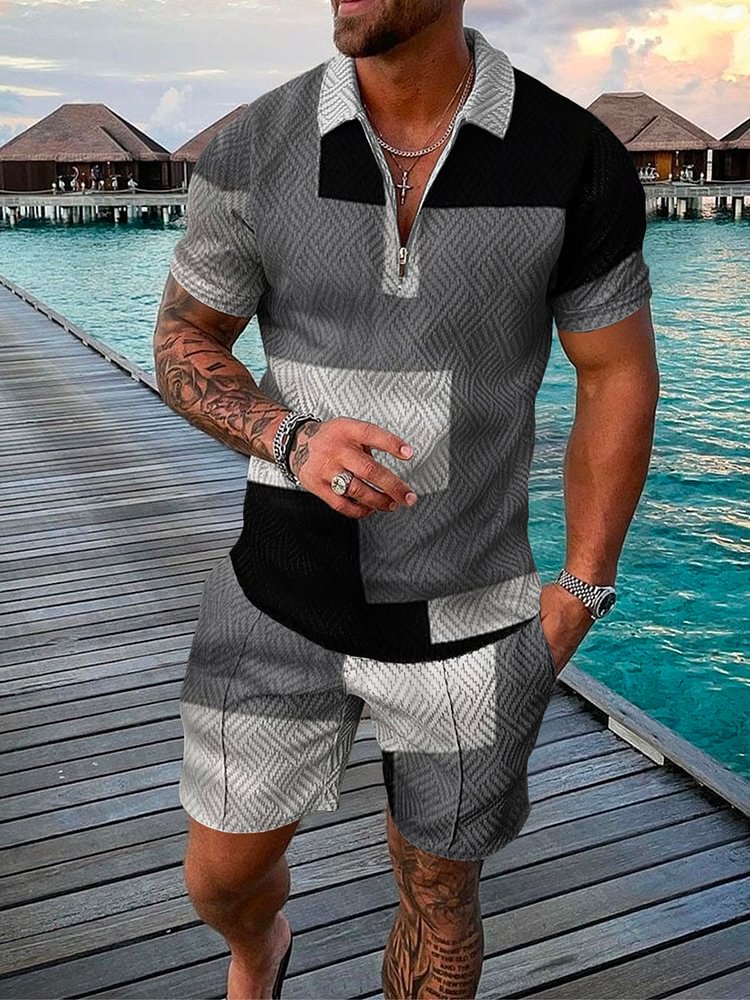 Men's Holiday Casual Contrast Color Printed Polo Suit