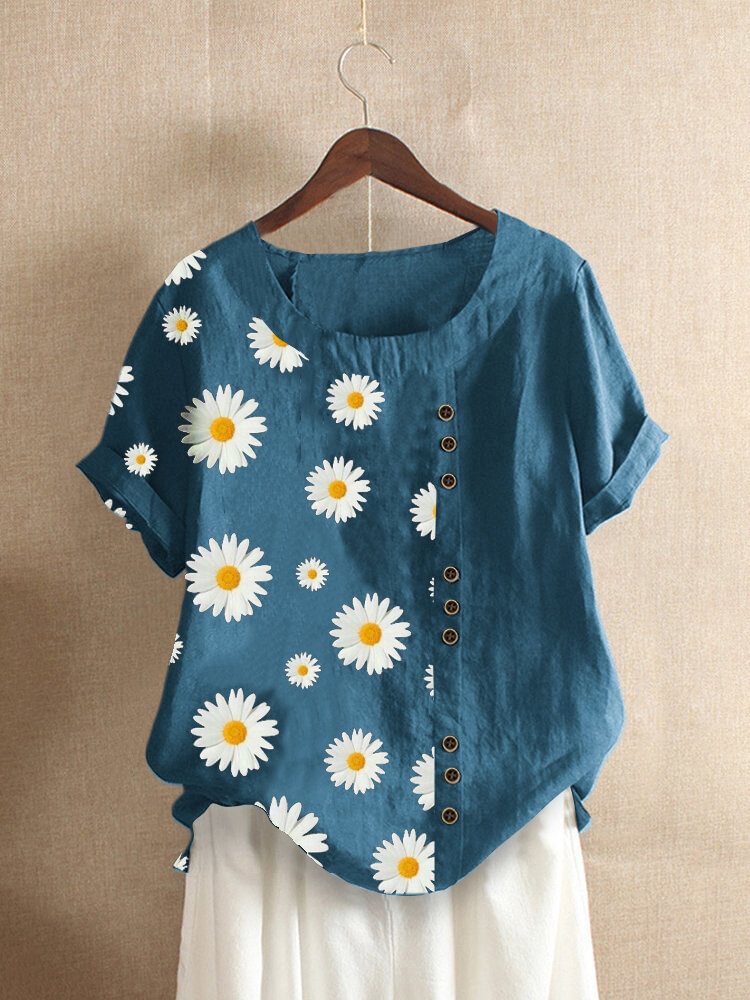 Women's Daisy Floral Print Patched Short Sleeve O-Neck T-shirt