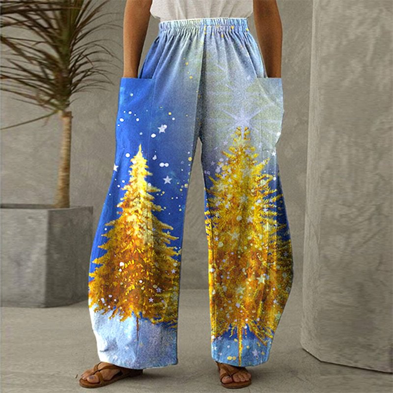 Golden Christmas Tree Pattern Print Women Wide-leg Pants