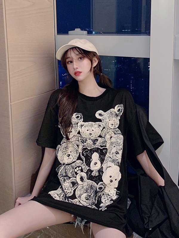 Casual Bear Printed Solid Color Oversize T-shirt