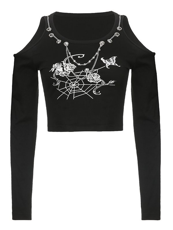 Trendy Chain-trimmed Tattoo Style Printed Off The Shoulder Crew Collar Sweatshirt