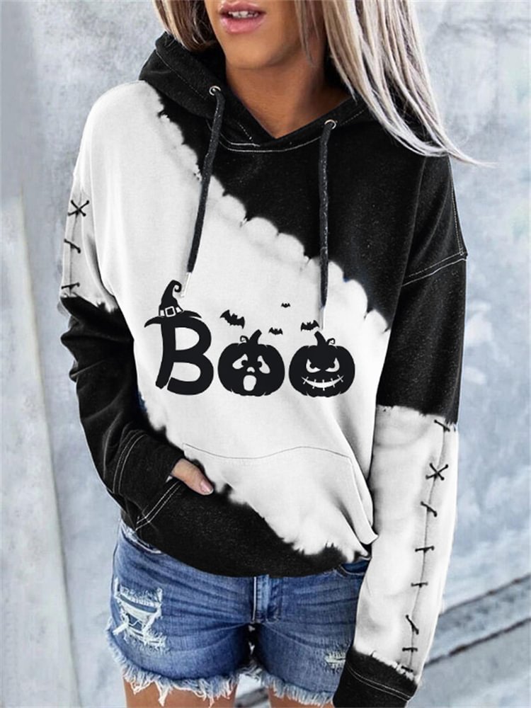 BrosWear Women's  Halloween Boo Pumpkins Tie Dye Hoodie