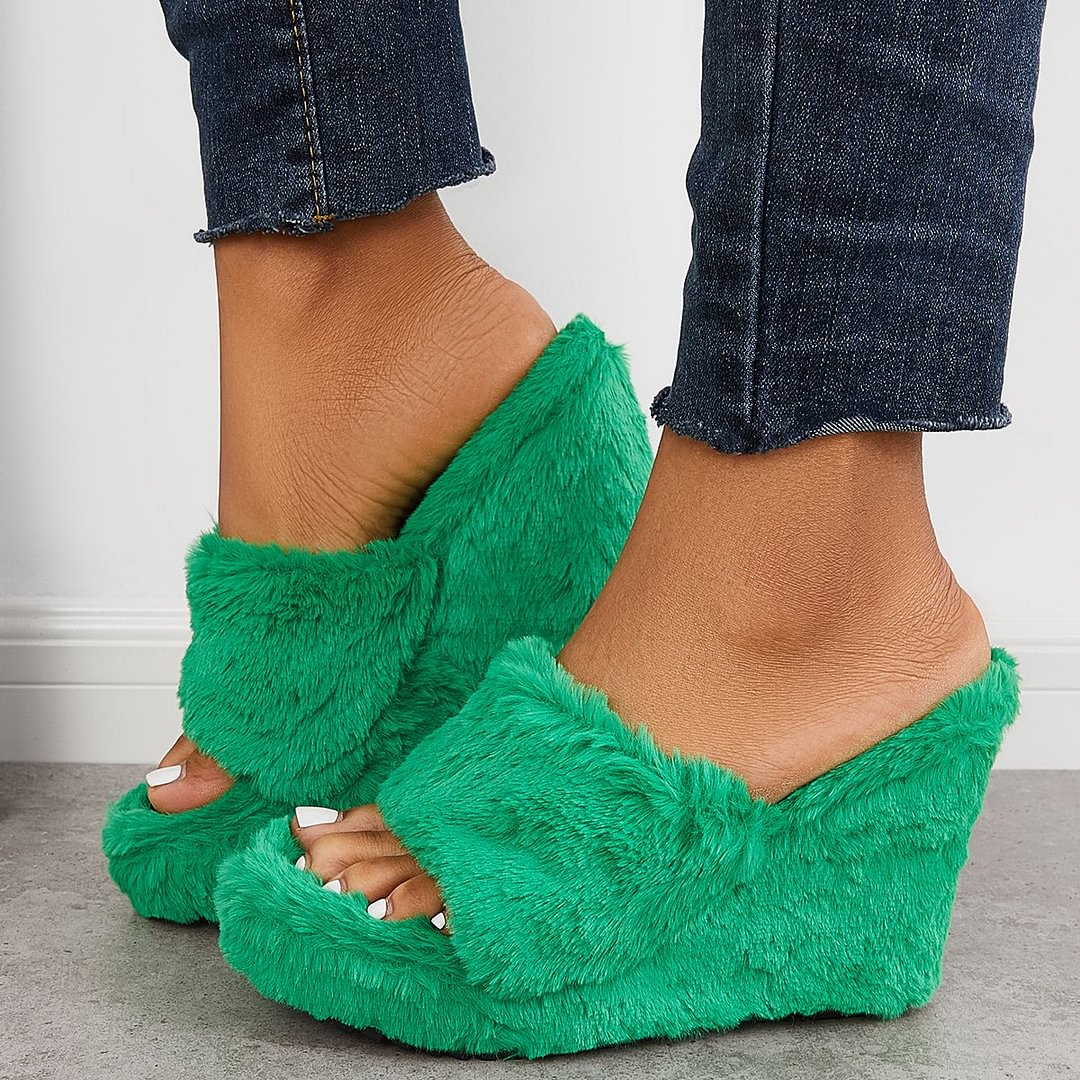 Bonnieshoes Faux Fur Wedge Slippers Furry Platform High Heel Slide Shoes