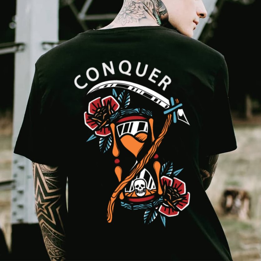 Conquer printed flower skull men's designer T-shirt - Krazyskull