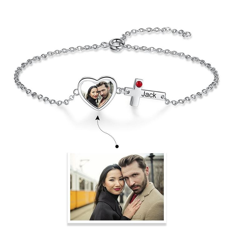 Custom Bracelet With Heart Photo Pendant Personalized With Engraved Cross