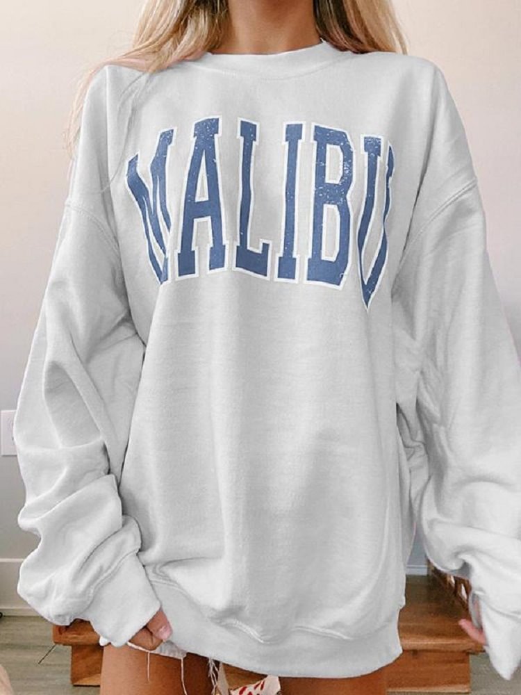 Plus Size Round Neck Malibu Sweatshirt Letter Printing Long-sleeved Sweater For Women