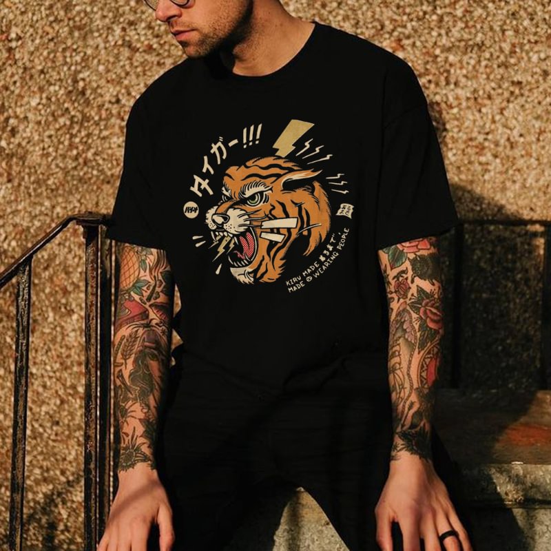 Tiger letter print loose T-shirt designer - Krazyskull