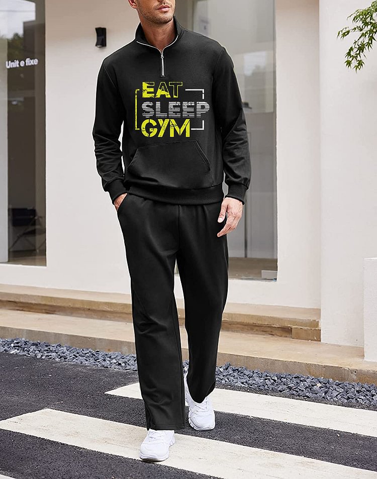 BrosWear Men's Fitness Letter Print Sweatshirt  And Pants Two Piece Set
