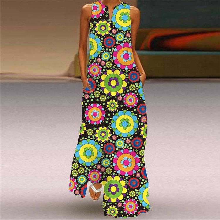 Sexy Printed V-neck Pocket Long Dress-Mayoulove