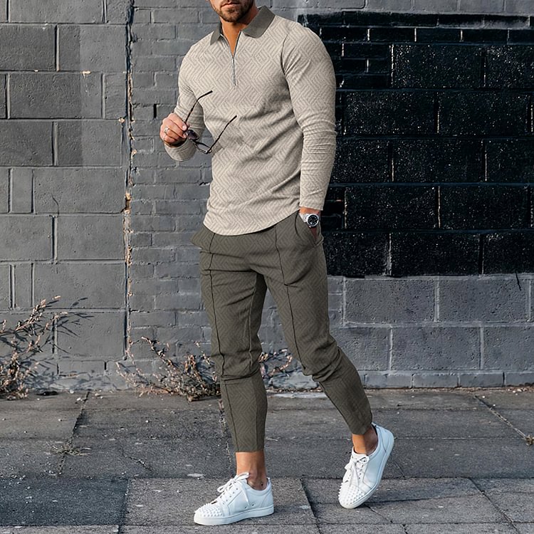 BrosWear Color Matching Khaki Polo Shirt And Pants Two Piece Set