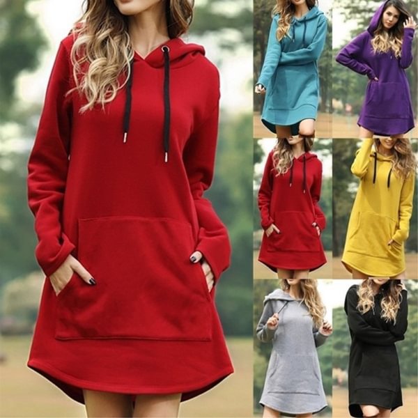 Autumn New Women Fashion Solid Color Hooded Pocket Long Sleeve Large Size Sweater Dress