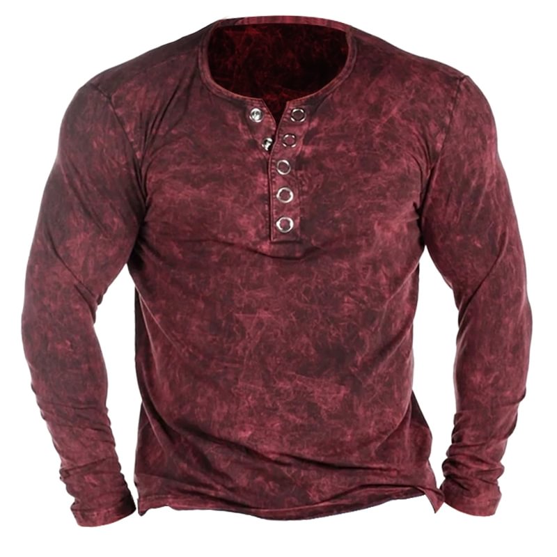 Men's Vintage Rust Red Henley Metal Button Long Sleeve Shirt / [viawink] /