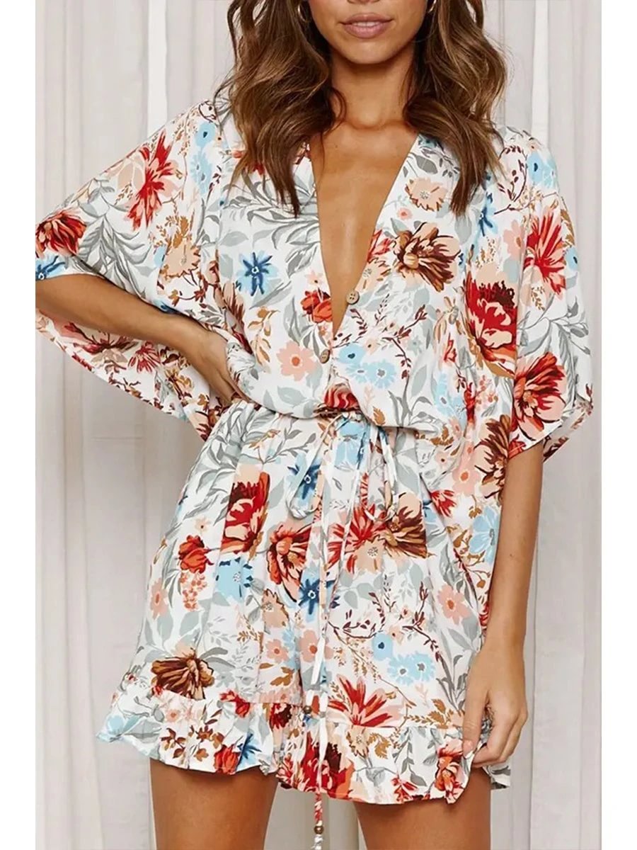 V-neck Printed High-waist Lace-up Romper P16292